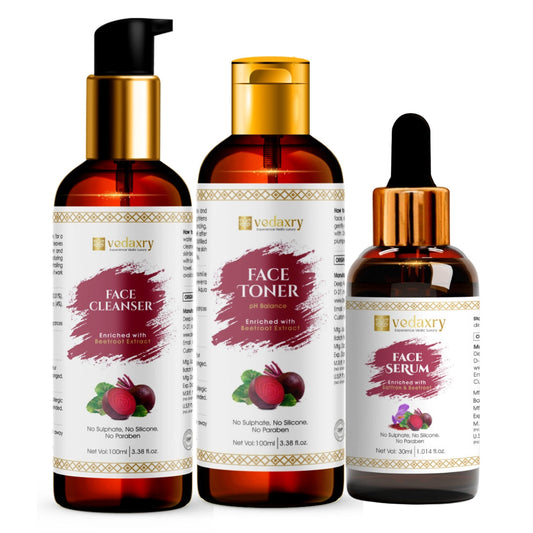 Vedaxry 3 Step Face Care Luxury Ayurvedic Package | Beetroot Extract Based Face Cleanser, Face Toner, and Face Serum